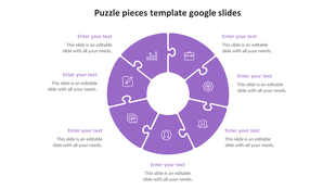Purple circular puzzle infographic featuring business icons on each piece, surrounded by placeholders text areas.