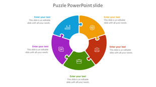 Slide with five colorful puzzle pieces forming a circle, icons, and placeholder text areas for each segment.