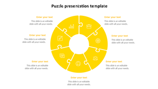 Yellow circular puzzle diagram with six interlocking pieces, each featuring a white icon, surrounded by placeholder text.