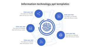 Information technology infographic with  center and six blue tech icons in circular layout, each linked to caption areas.