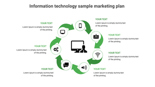 Information technology marketing plan infographic slide with six steps, featuring icons and placeholder text.