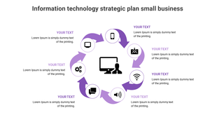 Central computer graphic with circular layout of icons around it, connected by purple arrows, representing tech elements.
