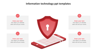 Information technology slide showing red shield with lock on smartphone, surrounded by four red icons with caption boxes.