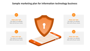 Slide featuring an orange shield with a keyhole over a smartphone illustration, surrounded by four gray text boxes.