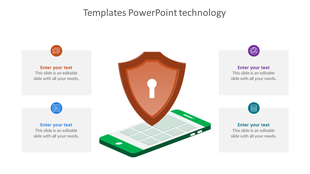 Technology template with a shield over a phone, four text boxes with icons and placeholder text areas.