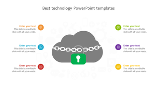 Technology template with a person at a computer, colorful icon circles, and eight text boxes with caption areas. 