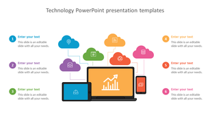 Technology slide with six colorful cloud icons connected to a laptop, tablet, and smartphone, with numbered captions.