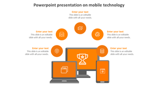 Slide on mobile technology slide featuring various devices with text sections for content and orange icons.