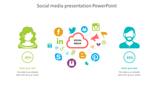 Social media concept illustration with a central cloud, colorful icons, and two user silhouettes showing percentages.