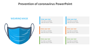 Illustration of a blue face mask on the left with six rectangular text boxes on the right, each with colored label sections.