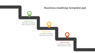 Black winding road design with three colored location pins in green, yellow, and red, and captions below.