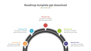 Curved roadmap infographic with location markers, each with a icon in red, blue, green, orange, and purple, and captions.