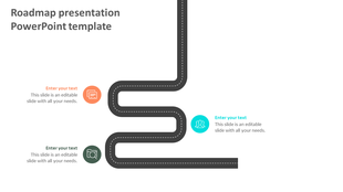 Roadmap slide with a dark winding path, featuring milestone icons in orange, green, and blue, with text placeholders.