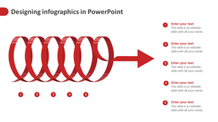 PowerPoint slide illustrating the process of designing infographics with interconnected red loops and numbered steps.