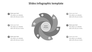 Google Slides infographic PPT template featuring a grey spiral process with six numbered steps with placeholder text.