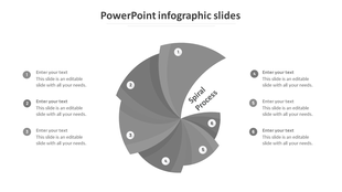 Grayscale segmented spiral infographic with six numbered steps, forming a swirl around a central caption areas.