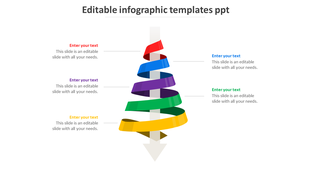 Infographic PowerPoint template featuring a spiral with five colorful segments for different steps with placeholder text.