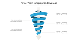 Infographic with a 3D blue spiral wrapped around a gray downward arrow, surrounded by five text placeholders.