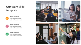 Modern team PowerPoint slide with collaborative work images and text placeholders for team details.