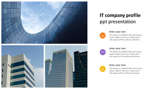 Company profile slide with three modern building images on the left and text with icons in orange, purple, and yellow.