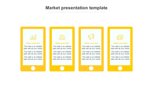Modern PowerPoint template featuring four yellow smartphone shaped sections for marketing content with icons.