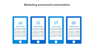 Marketing template featuring four sections with blue icons representing statistics, teamwork, announcements, and emails.