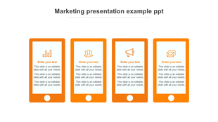 Slide with four vertical phone mockups in orange, featuring icon and text blocks for marketing topics like data and outreach.