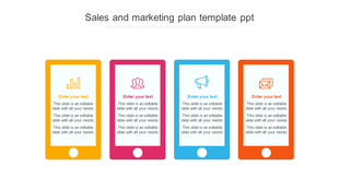 Sales and marketing plan template with four smartphone mockups in yellow, pink, blue, and orange, each containing an icon.
