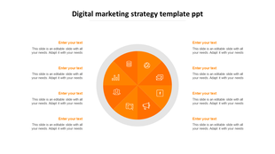 Digital marketing strategy PowerPoint template with an orange circular infographic segmented into eight sections with icons.