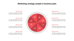 Red circular marketing plan template with eight sections, each containing icons and space for text on both sides.