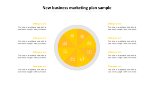 Digital marketing strategy PowerPoint template with a yellow circular infographic segmented into eight sections with icons.