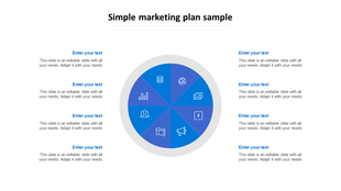 Blue radial layout with eight segments, each marked with icons representing different marketing areas.