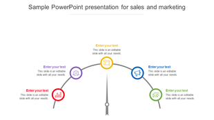 Sales and marketing infographic featuring a semi-circular path with five color-coded icons,  and placeholder text.