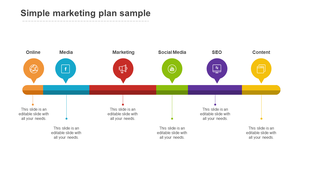Marketing plan infographic with a horizontal bar segmented into six colors, each linked to a circular icon with labels.
