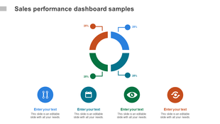 Sales performance dashboard PPT template with a colorful circular segmented chart and percentage indicators with icons.