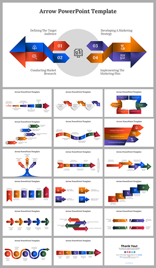 Arrow template collection with multiple layouts featuring colorful arrows, numbered steps, and marketing strategy labels.