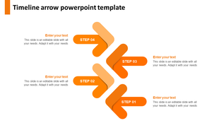 A four step timeline arrow diagram PowerPoint slide featuring curved orange arrows with labeled steps and text placeholders.