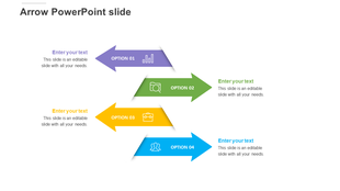 Colorful arrow PowerPoint slide with four labeled options and icons with placeholder text on a white theme.
