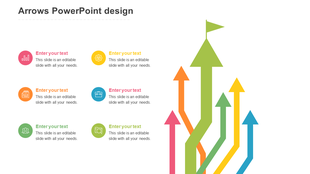 Infographic with multiple arrows in colors, including a large green arrow with a flag, and six icons with placeholder text.
