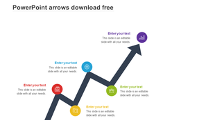 Zigzag upward arrow infographic with five circular icons in different colors, each connected to placeholder text.