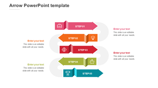 Business workflow featuring five arrows in pink, orange, red, green, and blue, connected to icons and placeholder text.