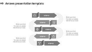 Stacked grayscale arrow timeline with five labeled steps, each arrow containing an icon and aligned with text areas. 