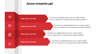 Slide featuring a red arrow layout with text sections and icons.
