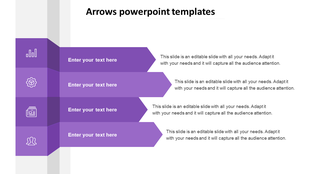Four horizontal purple arrows extending from a sidebar with icons, each aligned with placeholder text on the right. 