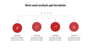 SWOT analysis PPT slide with four red circular icons from strength to threat with placeholder text on a white backdrop.