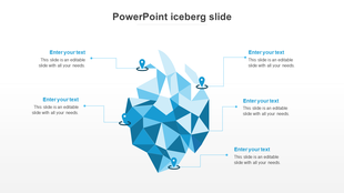 Iceberg infographic with a geometric blue iceberg, five location markers, and dotted lines connecting to text placeholders.