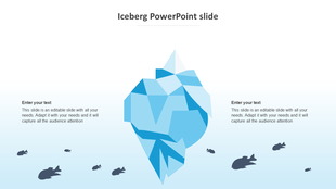 Iceberg PowerPoint slide with a geometric iceberg illustration and text sections on both sides.