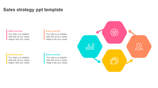 Colorful hexagonal sales strategy PowerPoint template with interconnected icons with placeholder text.