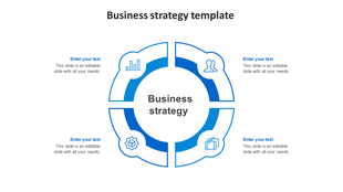 Business strategy slide with 4 section and blue circular diagram featuring icons with placeholder text on a white backdrop.