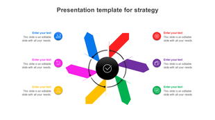 Strategic planning infographic with six colorful arrows radiating from a central black circle, each linked to text and icons.